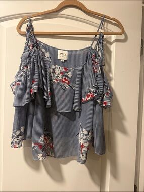 Misa Los Angeles Blue and White Striped Floral Cold-Shoulder Camisole